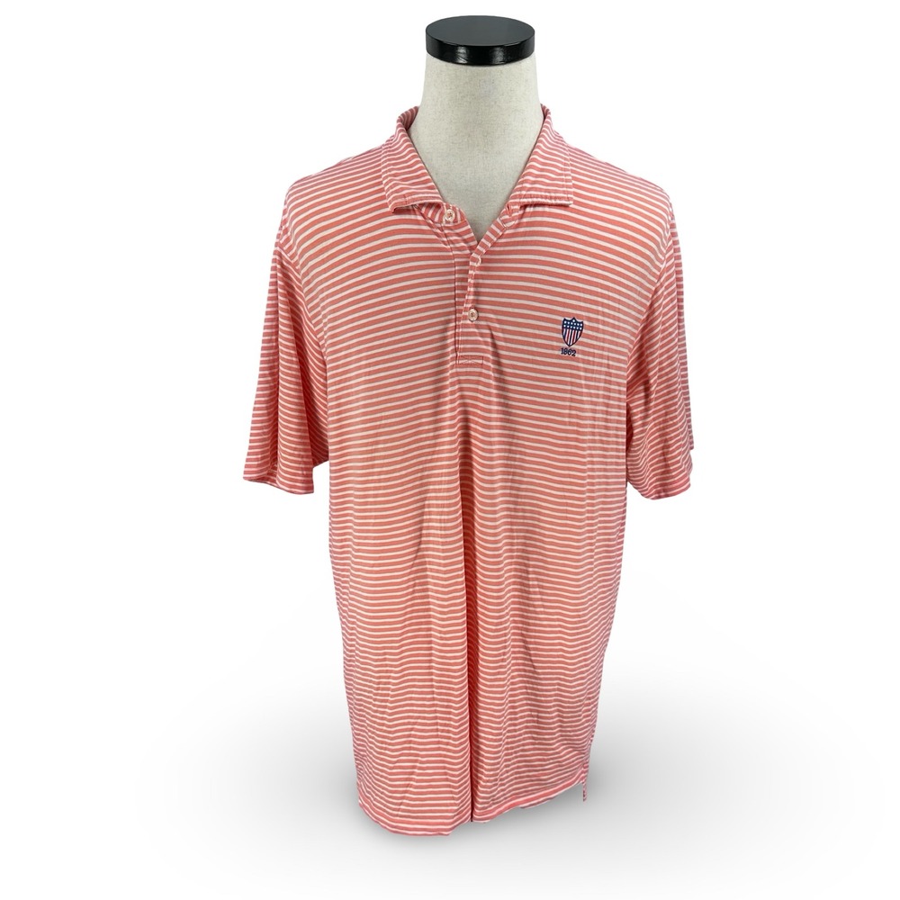 B. Draddy Mens XL Polo Shirt Salmon Coral Pink Striped Union League 1862 Pima